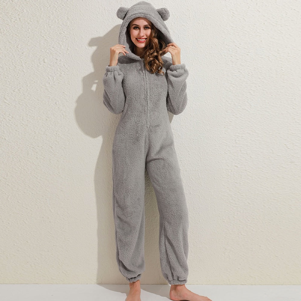 Soft Fleece Onesie with Bear Ears and Zipper for Lounging at Home, view 4