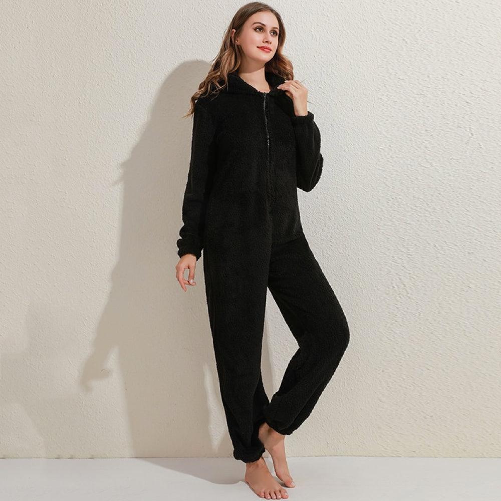 Soft Fleece Onesie with Bear Ears and Zipper for Lounging at Home, view 5