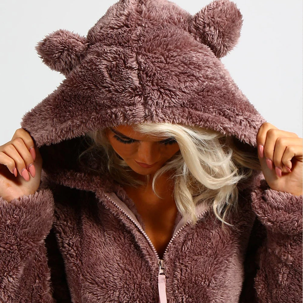 Soft Fleece Onesie with Bear Ears and Zipper for Lounging at Home, view 8