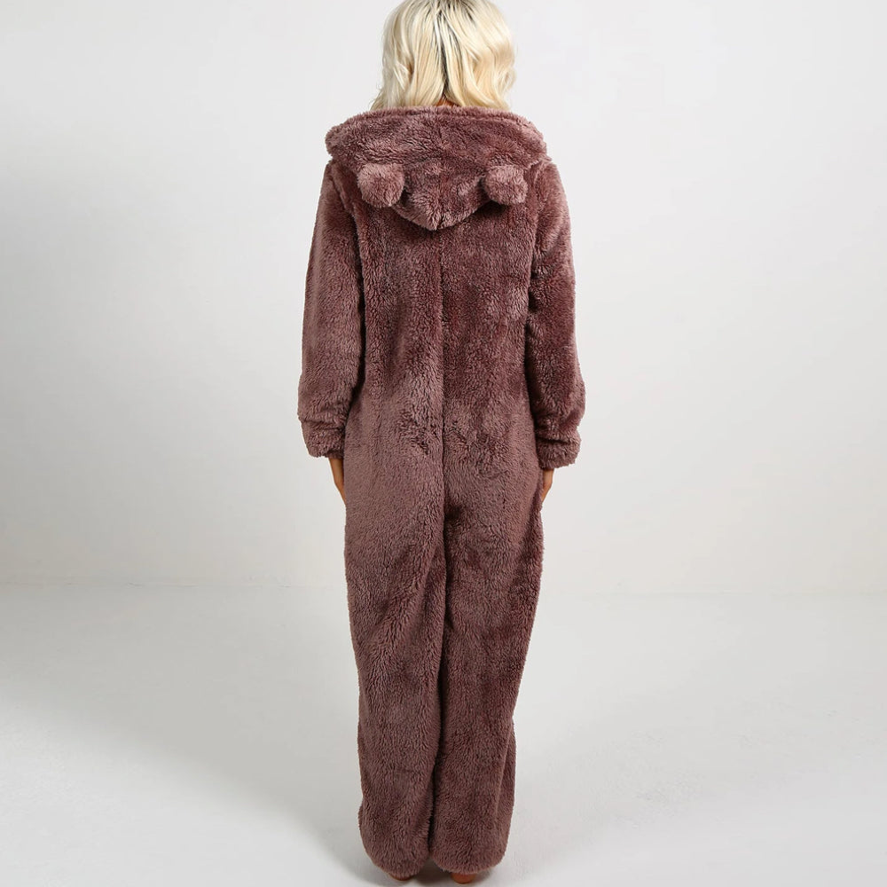 Soft Fleece Onesie with Bear Ears and Zipper for Lounging at Home, view 9