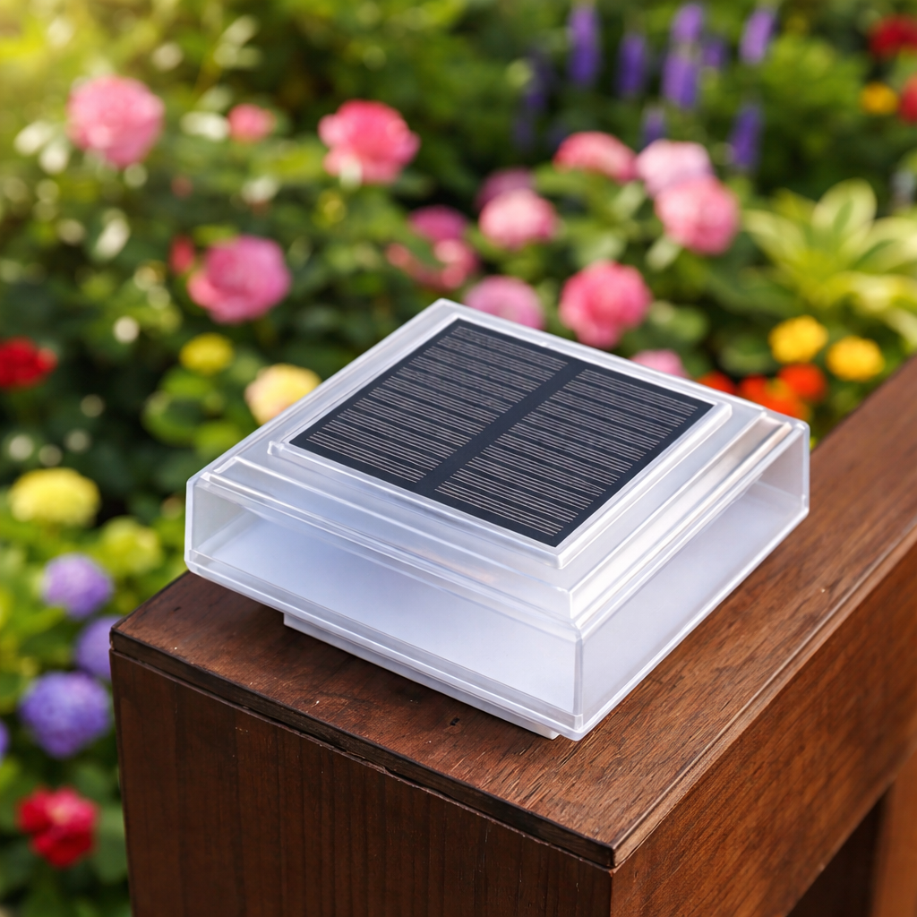 Solar post cap light mounted on a deck railing
