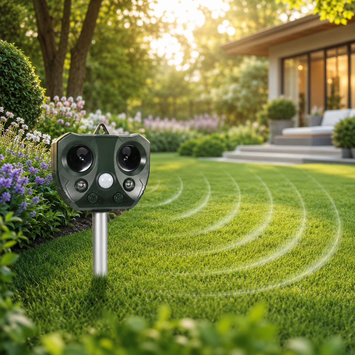 Solar ultrasonic animal repeller staked in a garden bed