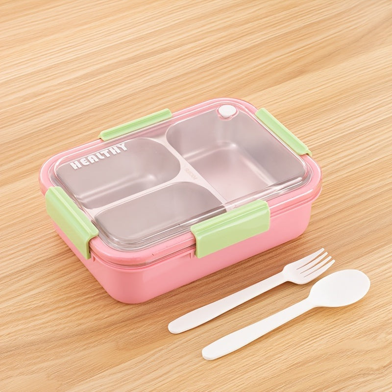 Stainless steel lunch boxes in light blue, navy blue and pink with side clips