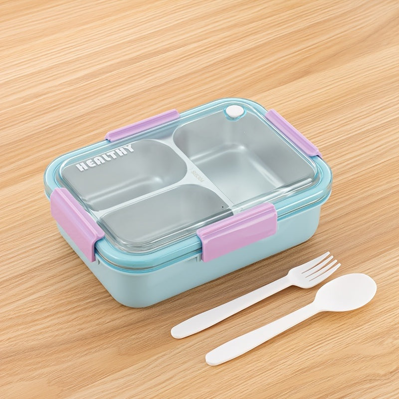 Open stainless steel lunch box with three compartments, sauce cup and cutlery in the lid