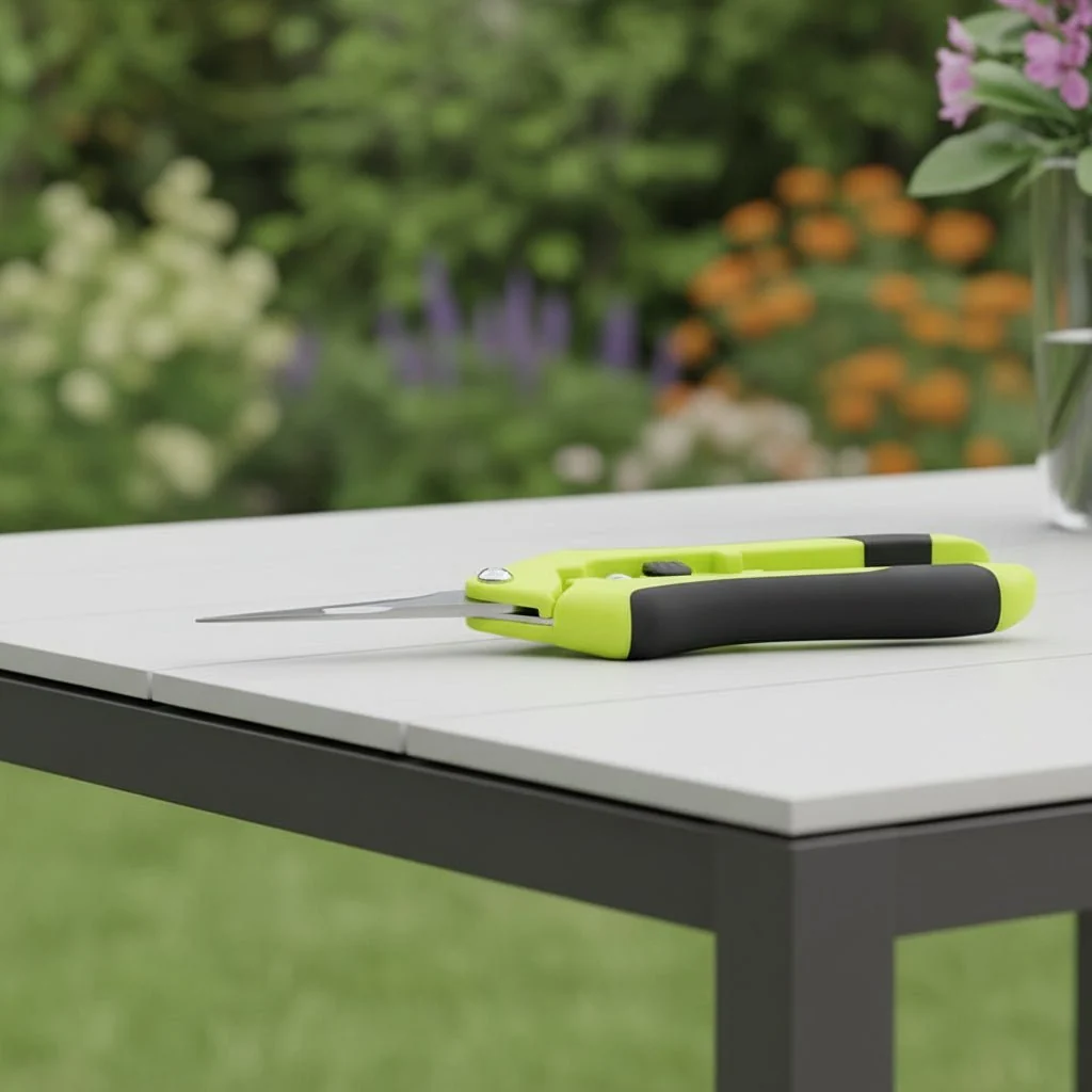 Pruning shears cutting a branch in the garden
