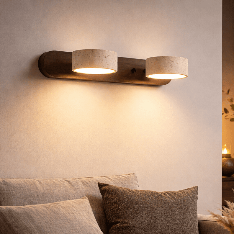 Travertine and Wood LED Wall Sconce with Indirect Up and Down Light, view 1