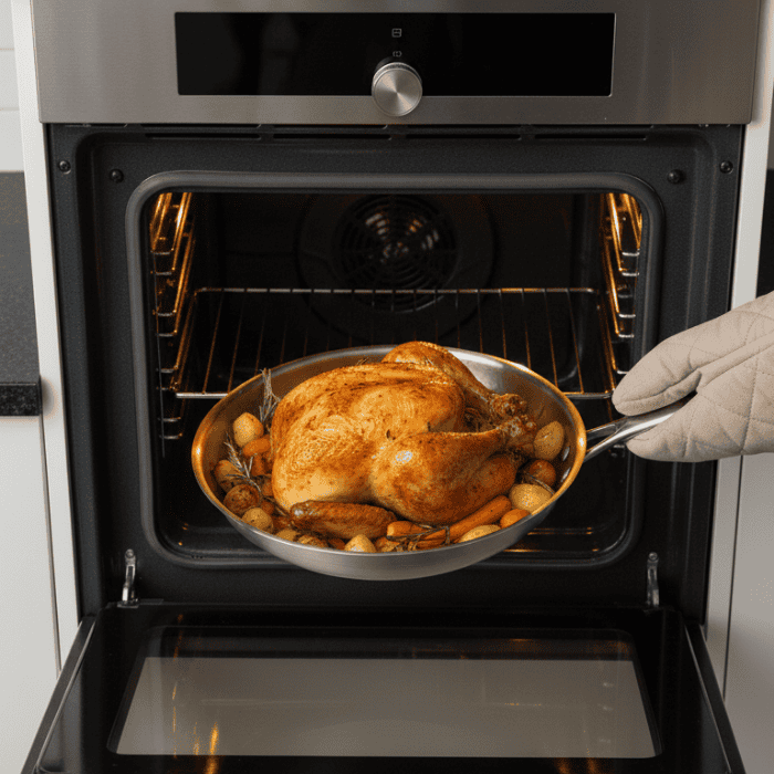 Close-up of the tri-ply frying pan showing its uncoated cooking surface