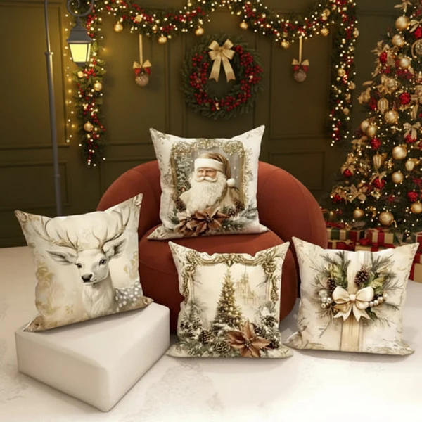 Close up of the vintage Santa design on a velvet pillow cover