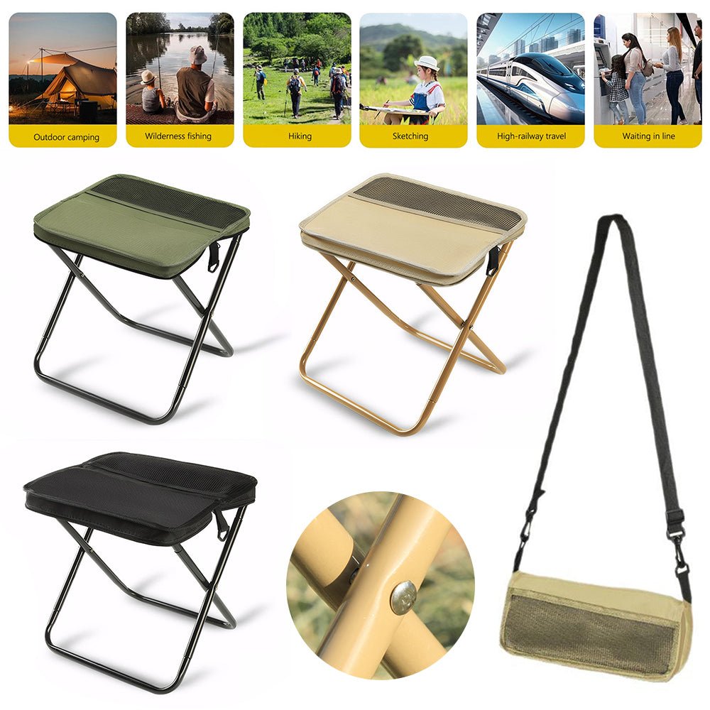 Folding chair backpack worn on the back during a hike
