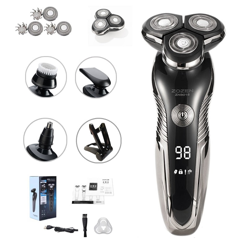Deluxe electric shaver set with holder, attachments, cable and brush