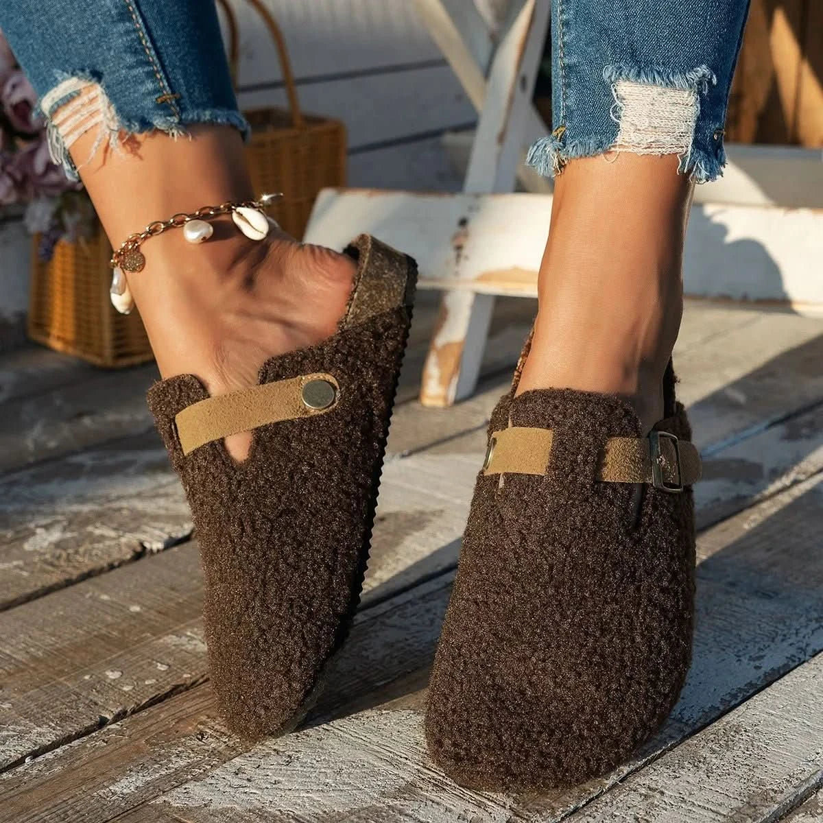Winter Mule Slippers with Thick Sheep Wool Lining and Non Slip Sole, view 9