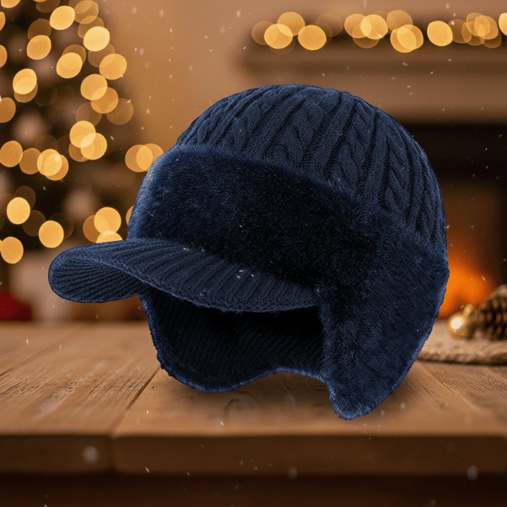 Winter trapper hat with built-in ear flaps worn outdoors