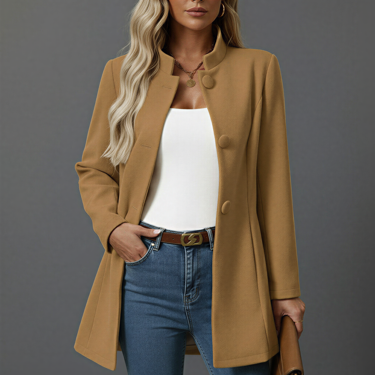 Woman wearing an A-line coat with a stand collar