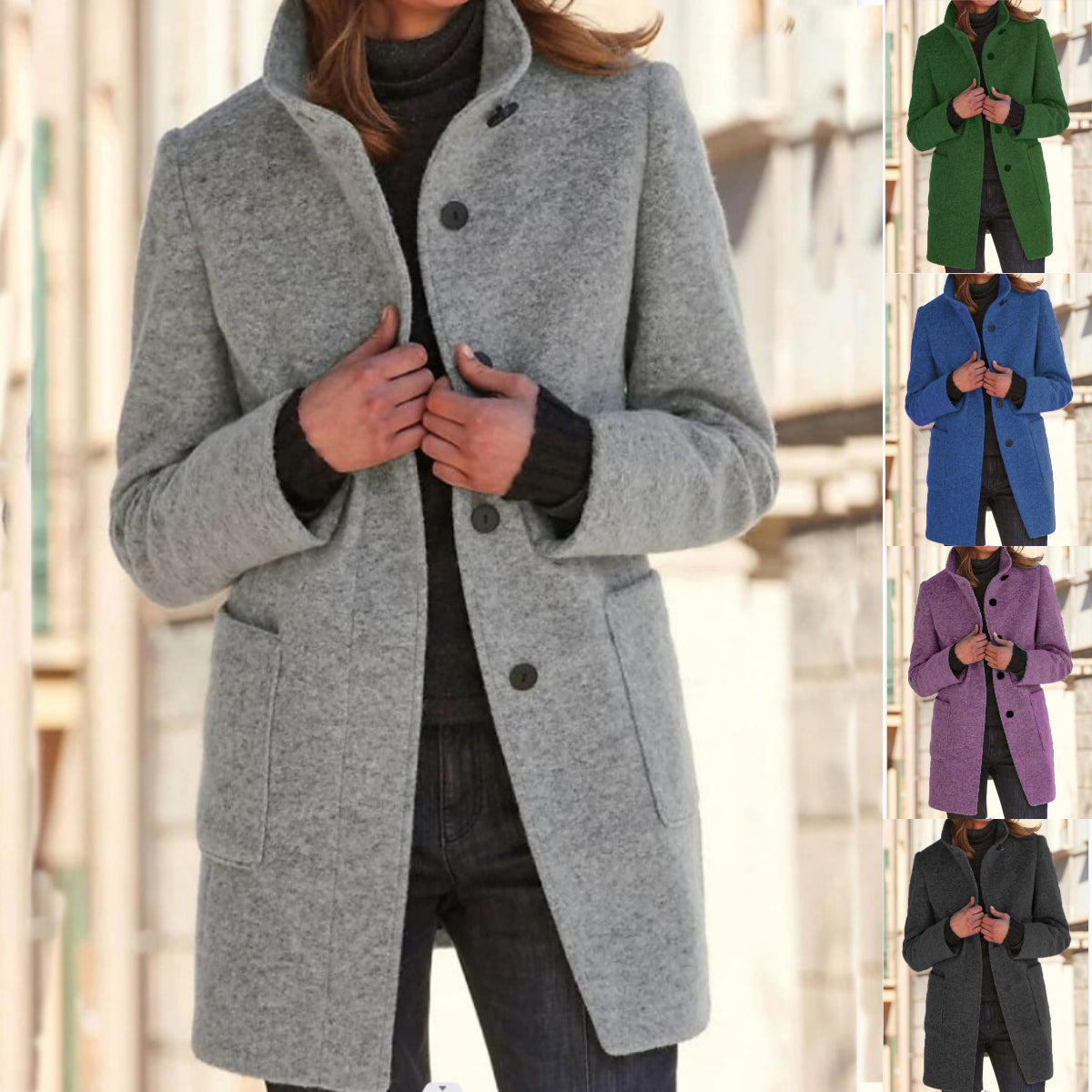 Women's Classic Wool Coat with Retro Button Front in Six Colors, view 7