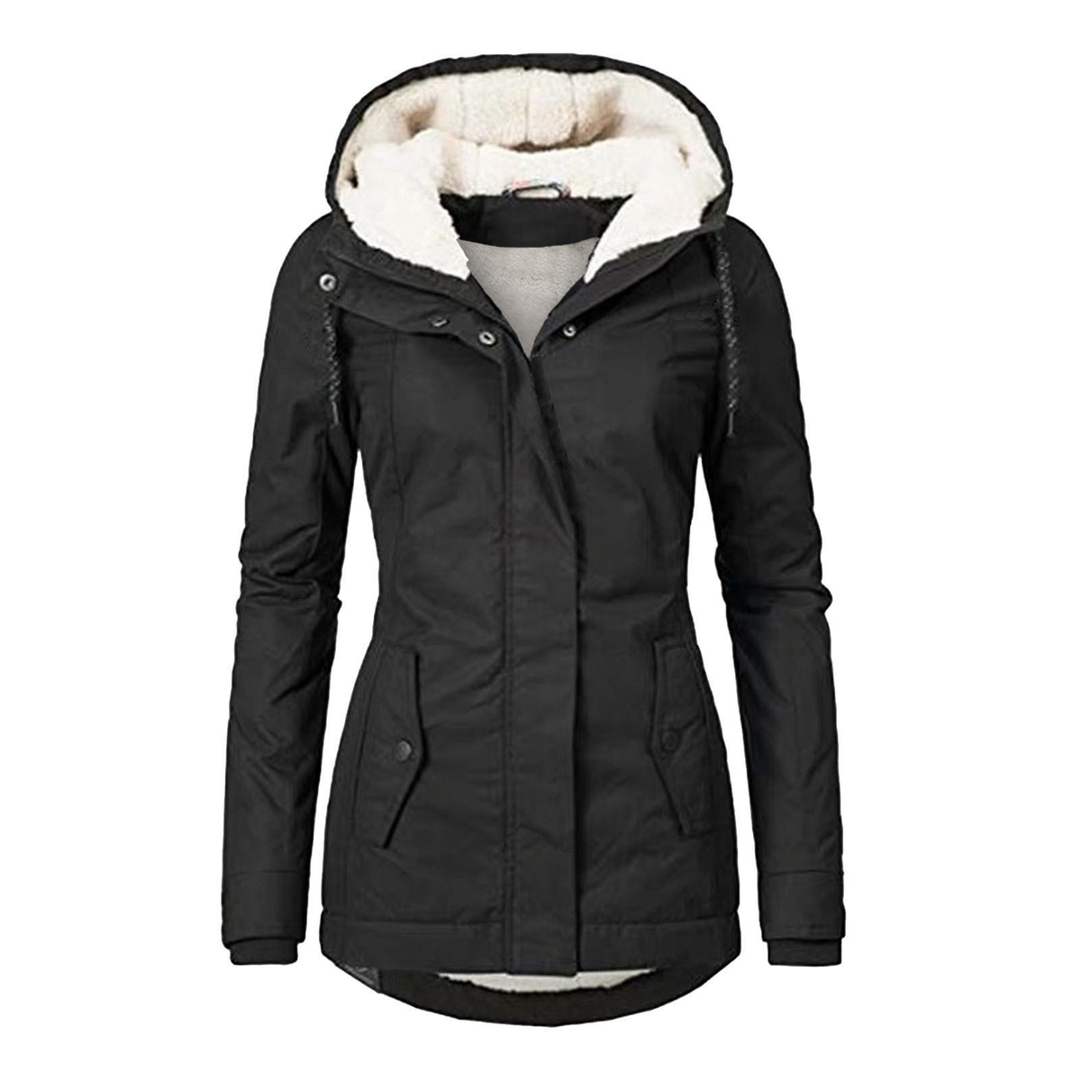 Woman wearing a fleece lined winter jacket with drawstring hood
