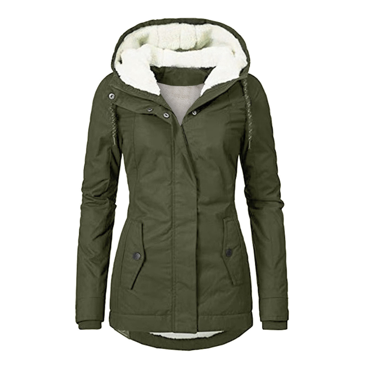 Inside view of the fleece lining of a women's winter jacket
