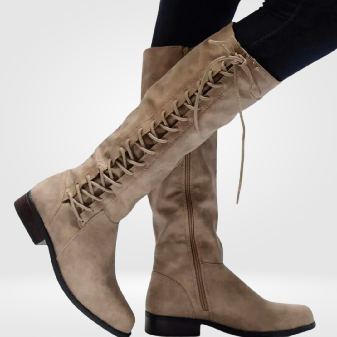 Knee high boots in black, beige and brown