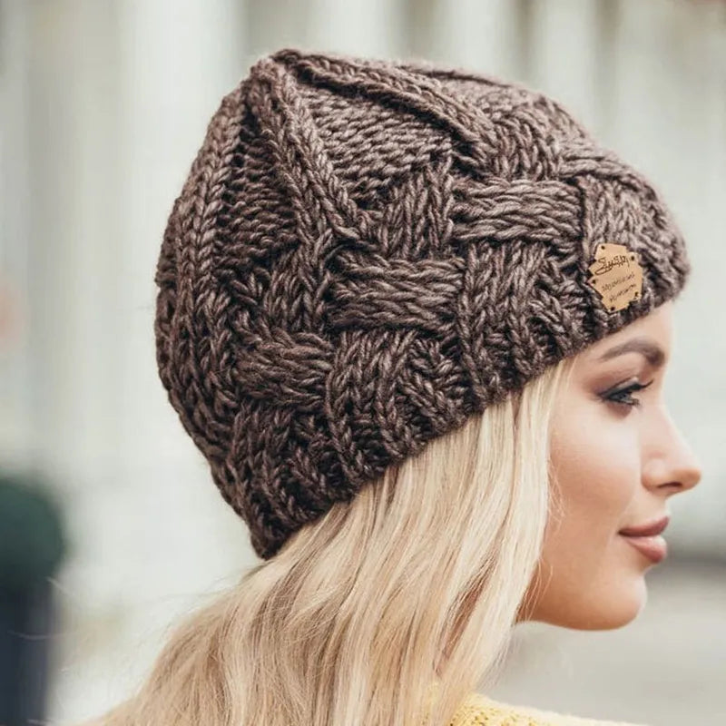 Knit beanies in white, coffee brown, red, blue, beige, pink and black