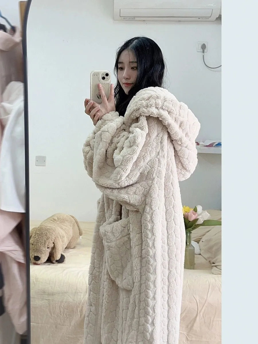 Women's Long Hooded Bathrobe with Pockets in Extra Soft Fabric, view 3
