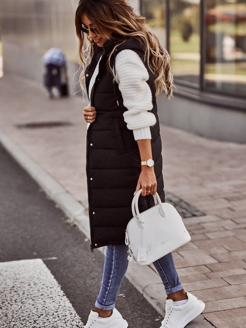Women's Long Quilted Puffer Vest with Hood and Snap Buttons, view 3