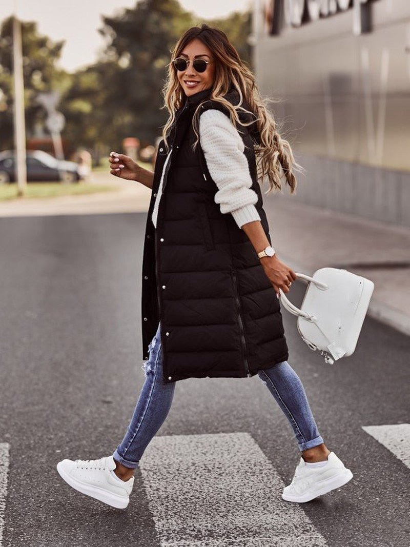 Women's Long Quilted Puffer Vest with Hood and Snap Buttons, view 4