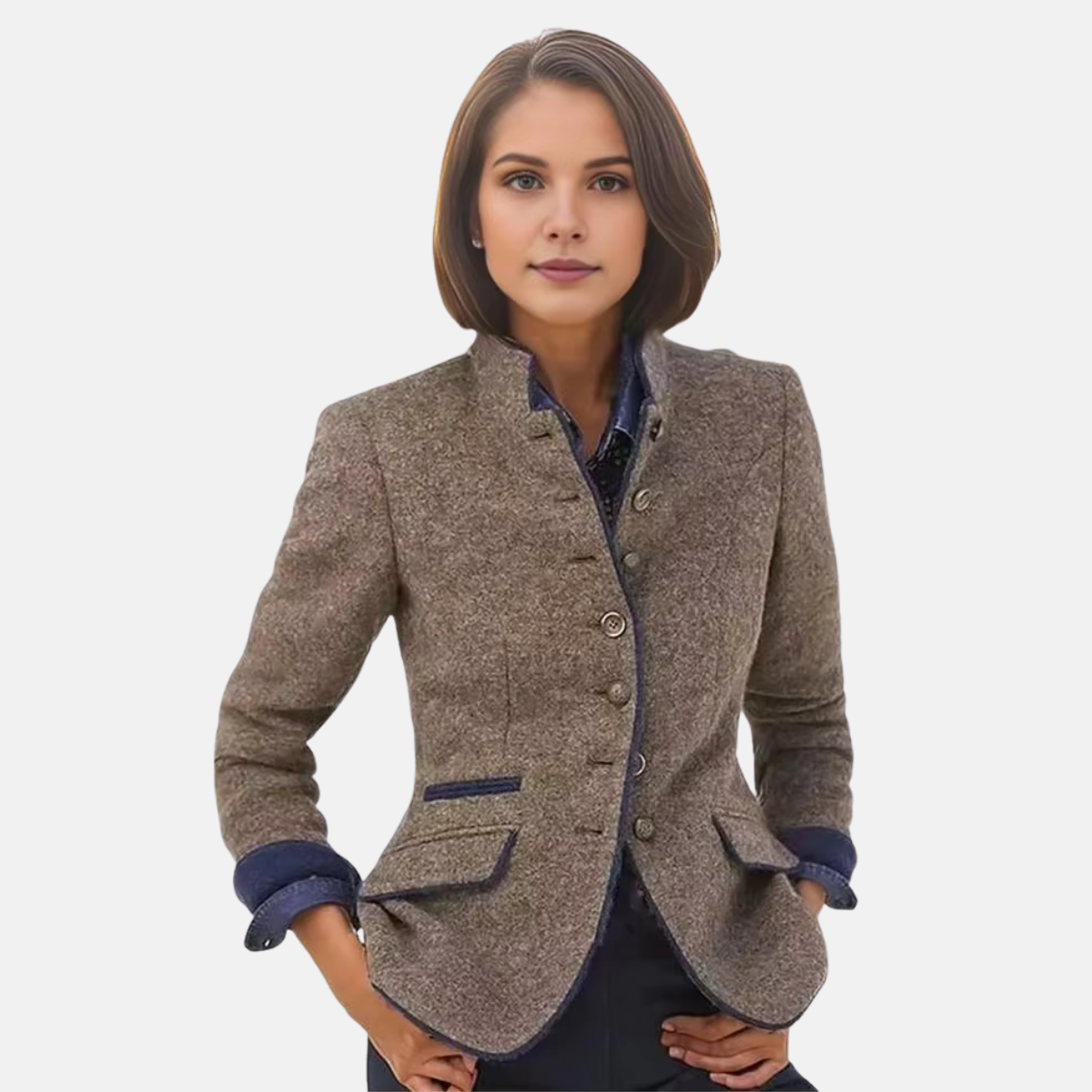 Woman wearing a stand collar blazer with one button closure