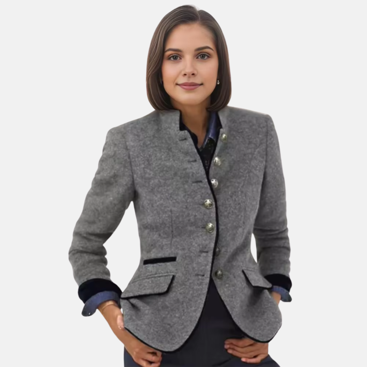 Front view of a women's blazer with stand collar