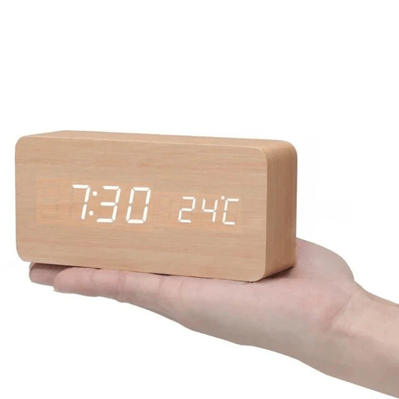 Wooden Digital Alarm Clock with Three Alarms and Temperature Display, view 13