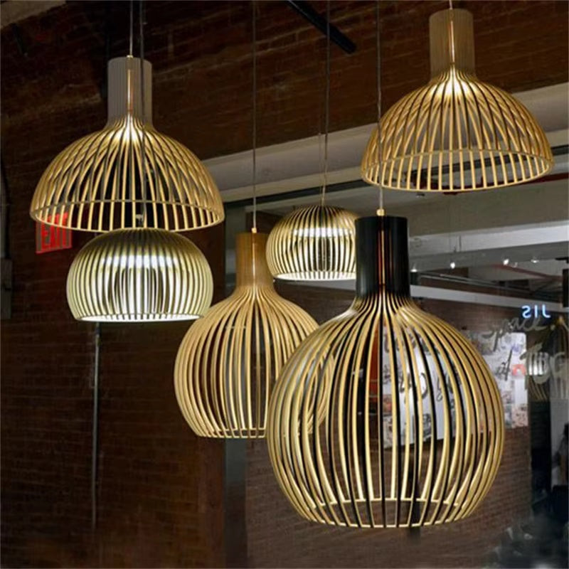 Wooden slat pendant light over a dining table