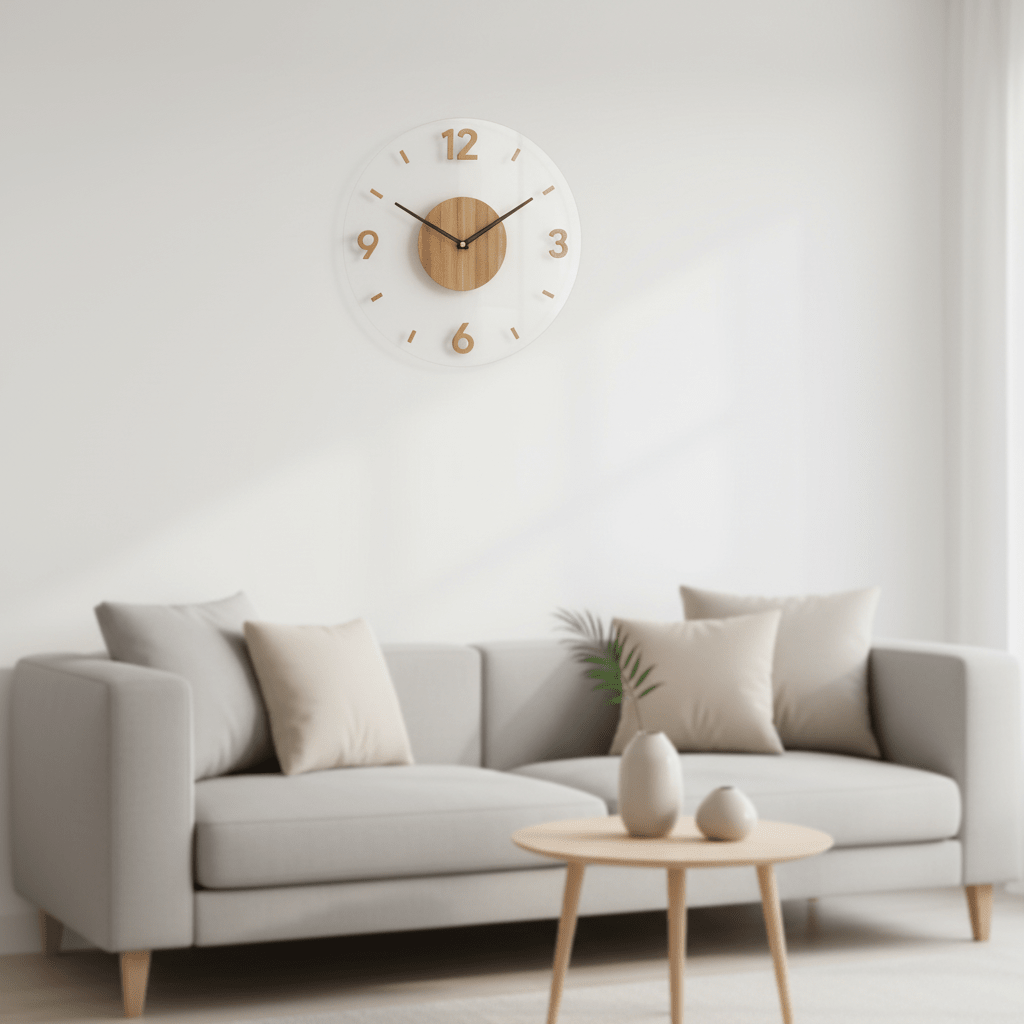 Round wooden wall clock with minimalist dial hanging in a bedroom