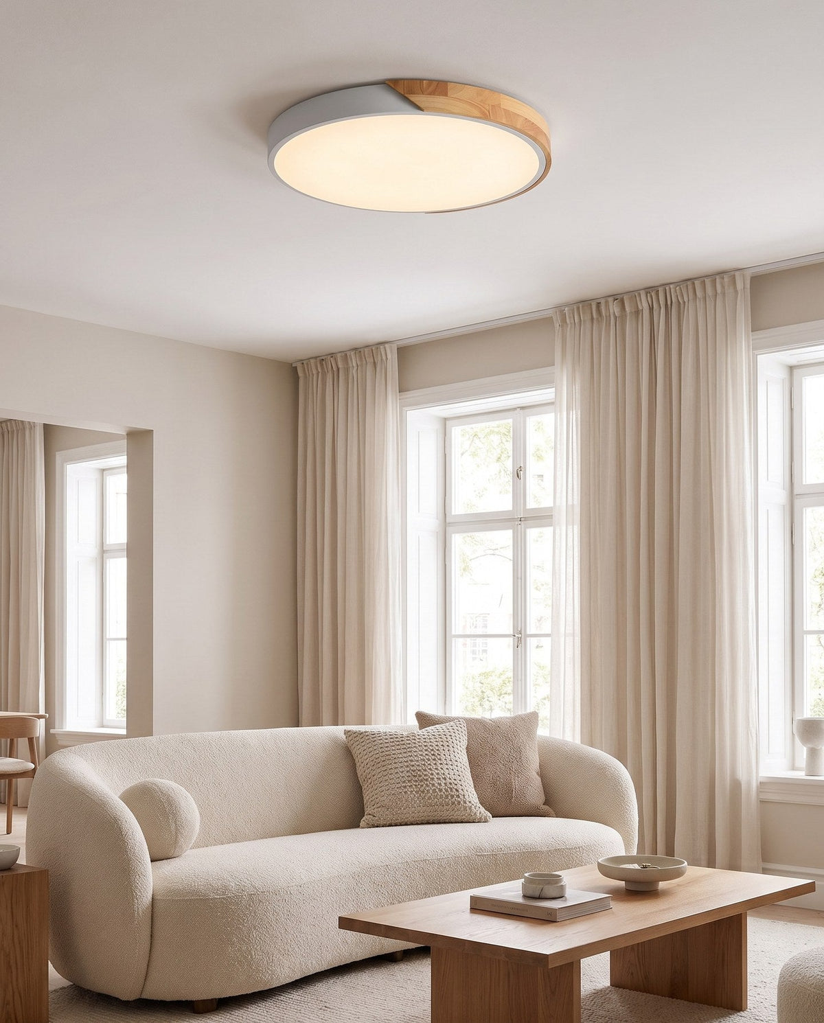 Wood accent flush mount ceiling light in a bright living room