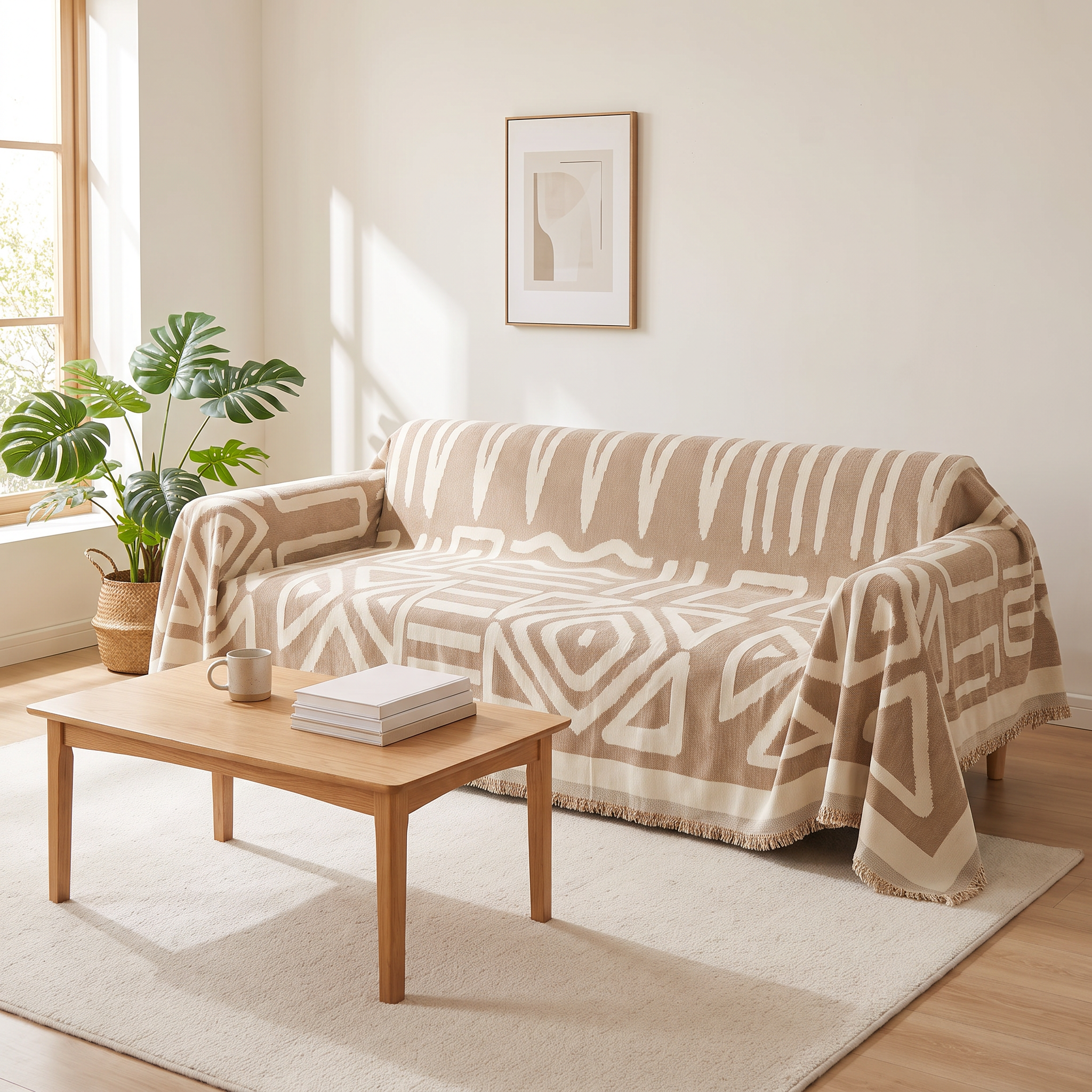 Boho Geometric Sofa Cover | Fringed Chenille Throw, 70-165in