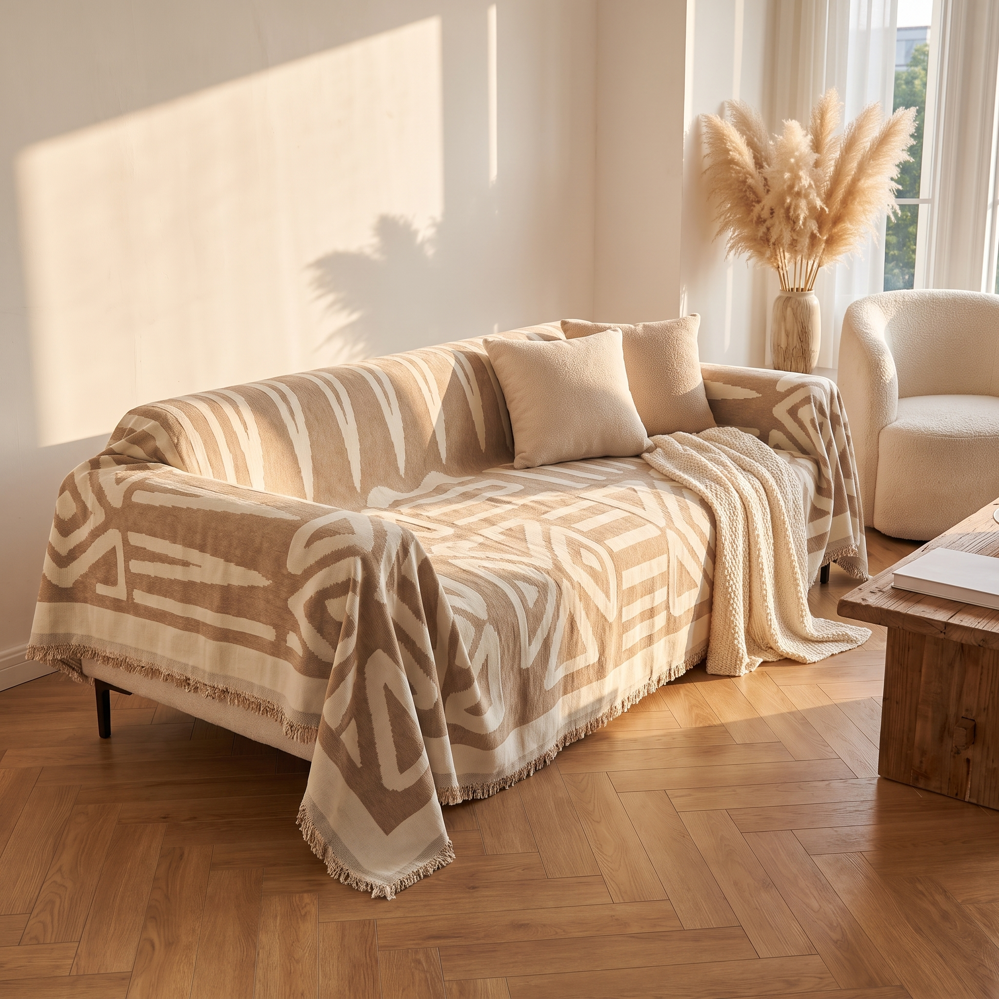 Boho Geometric Sofa Cover | Fringed Chenille Throw, 70-165in