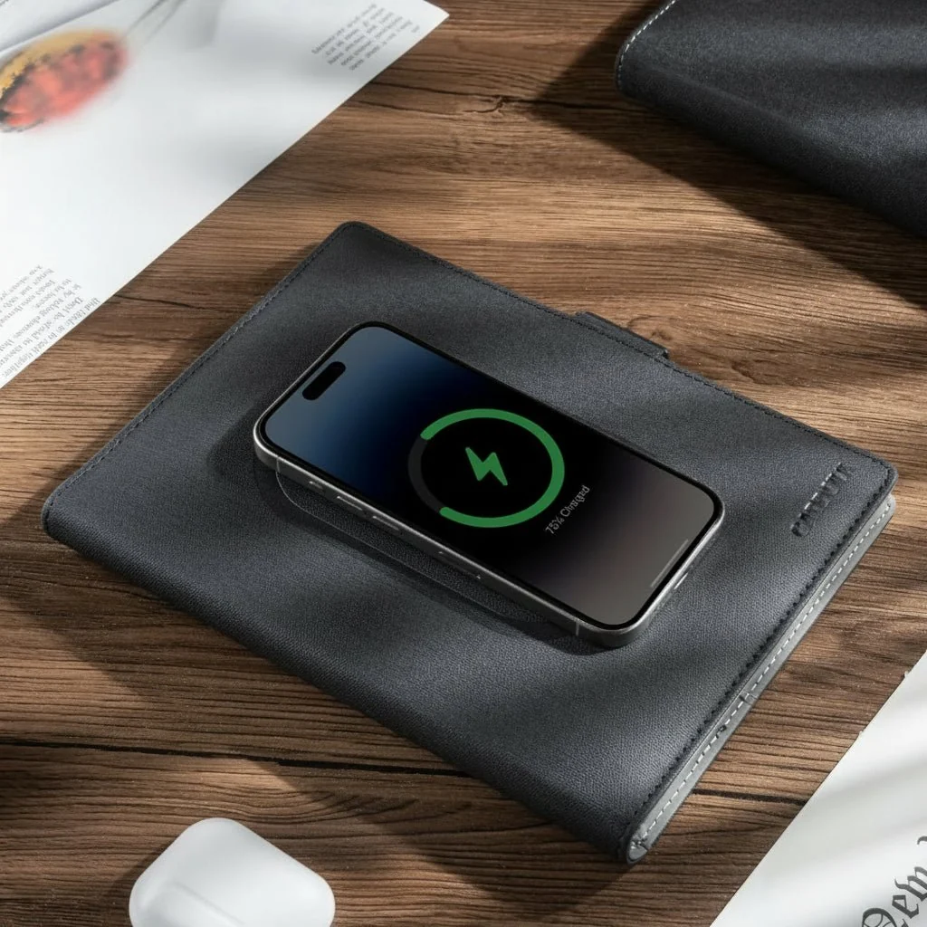 A5 PU leather notebook folio with a phone resting on the wireless charging pad