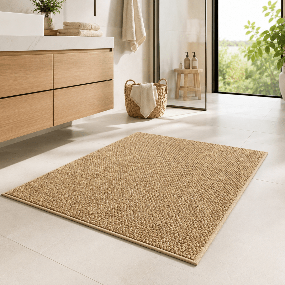 Absorbent geometric door mat at a front entrance