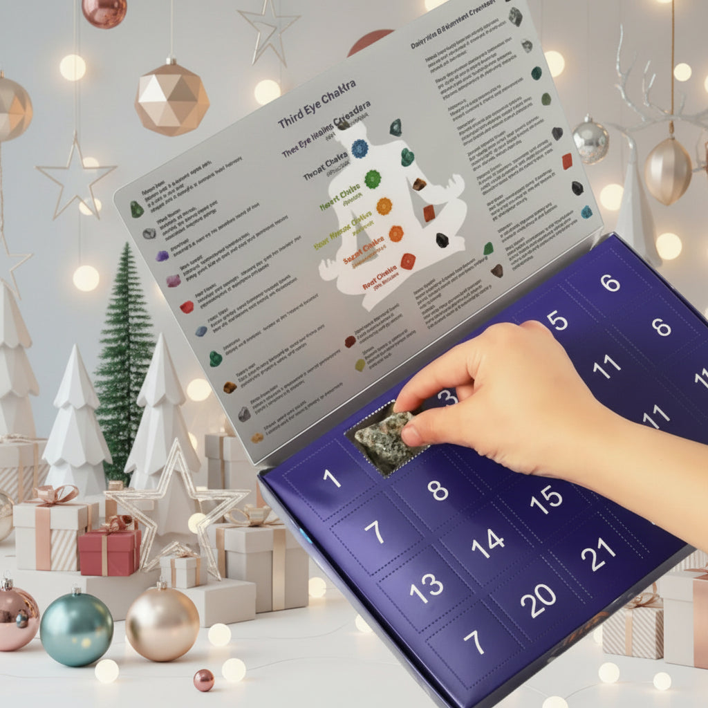 Advent calendar with open doors revealing natural crystals