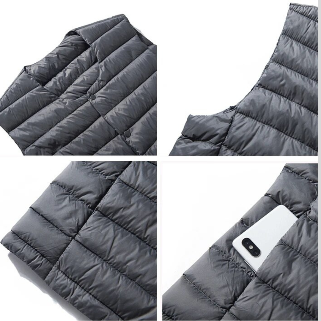 Close-up shot of the round neck collar and secure zipper on the men's down vest.