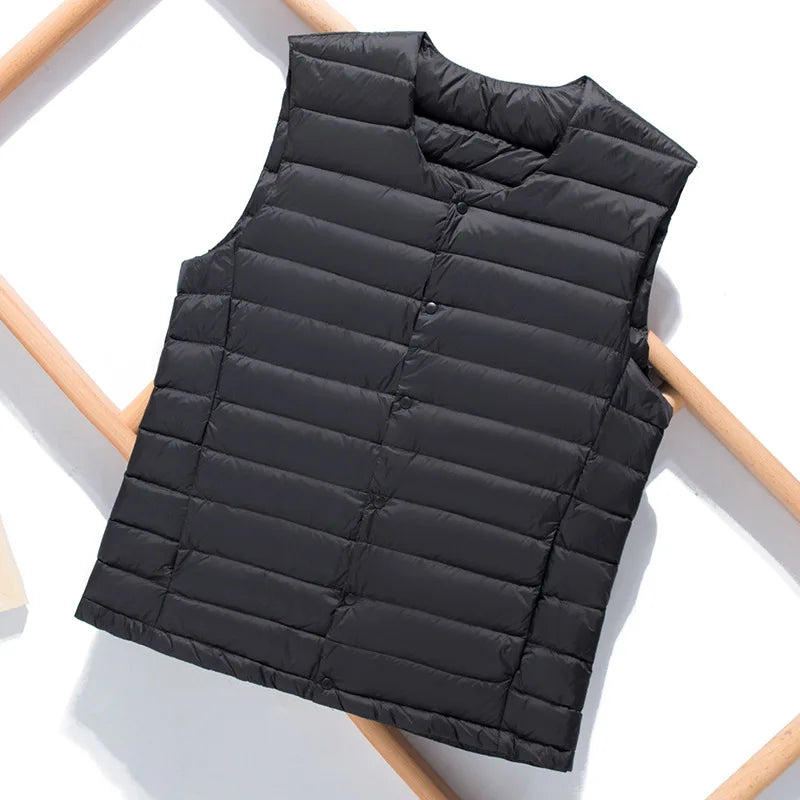 Rear view of the men's down vest showing the clean fit and sleeveless design.