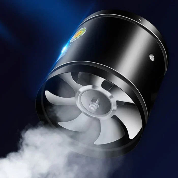 Front view of the white metal exhaust fan showing the seven-blade design and protective front grille.
