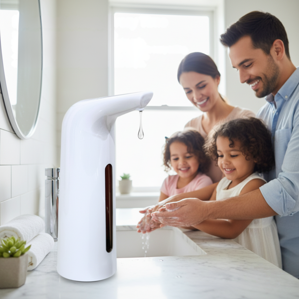 Touchless soap dispensers in white, black and silver on a sink