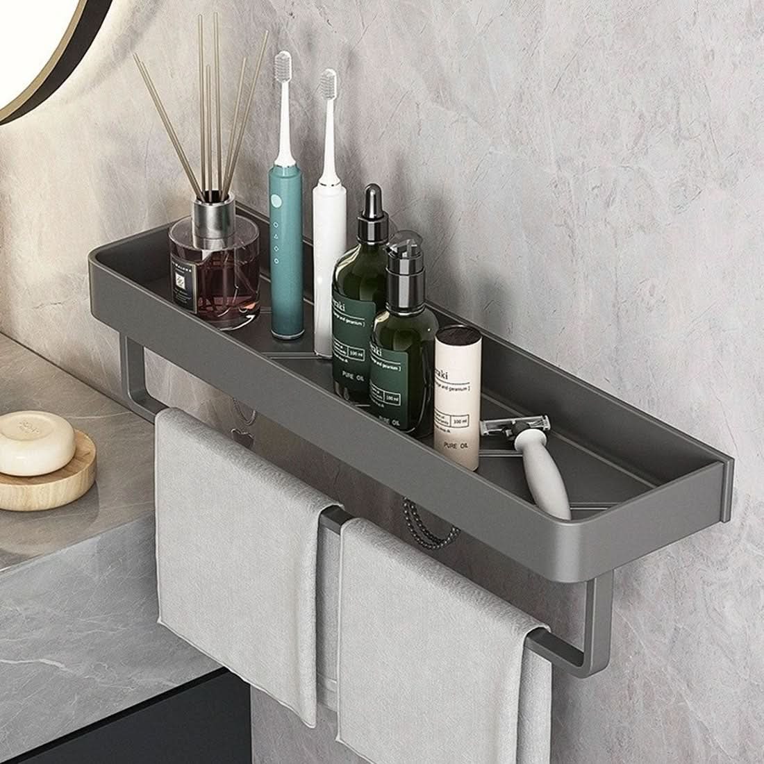 Bathroom Wall Shelf with Optional Towel Bar and No Drill Installation, view 2