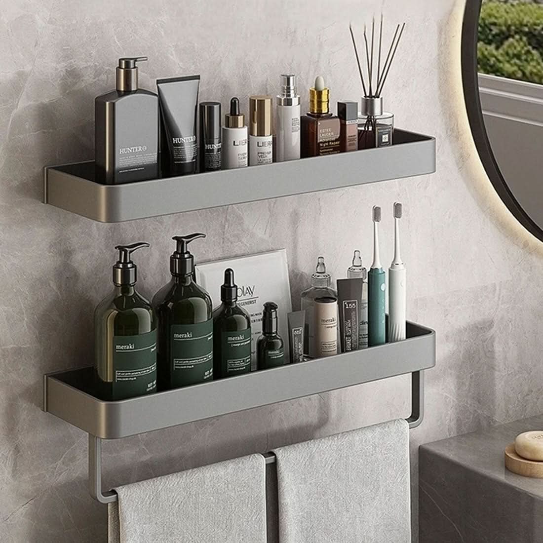 Bathroom Wall Shelf with Optional Towel Bar and No Drill Installation, view 3