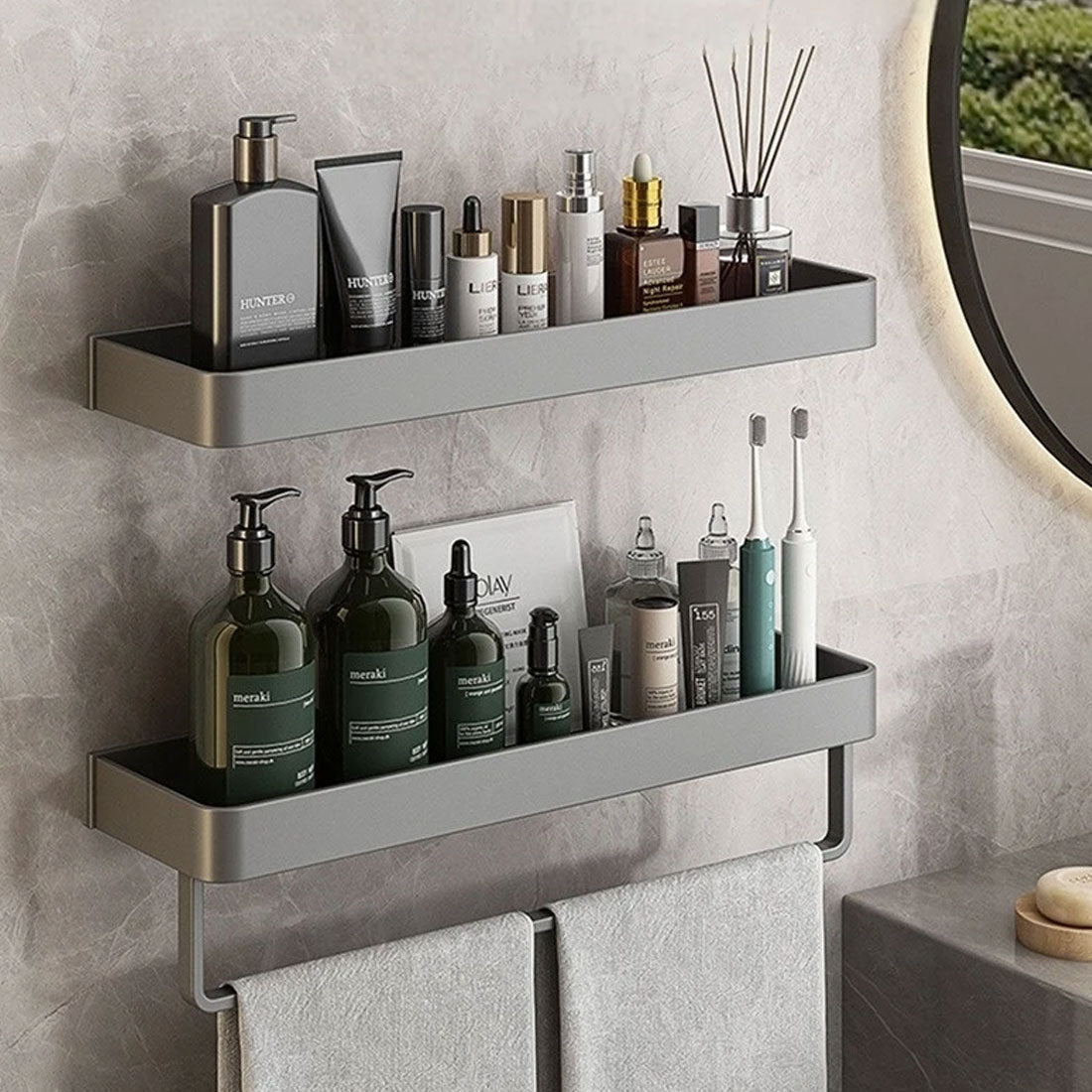 Bathroom wall shelf with towel bar mounted on tile without drilling