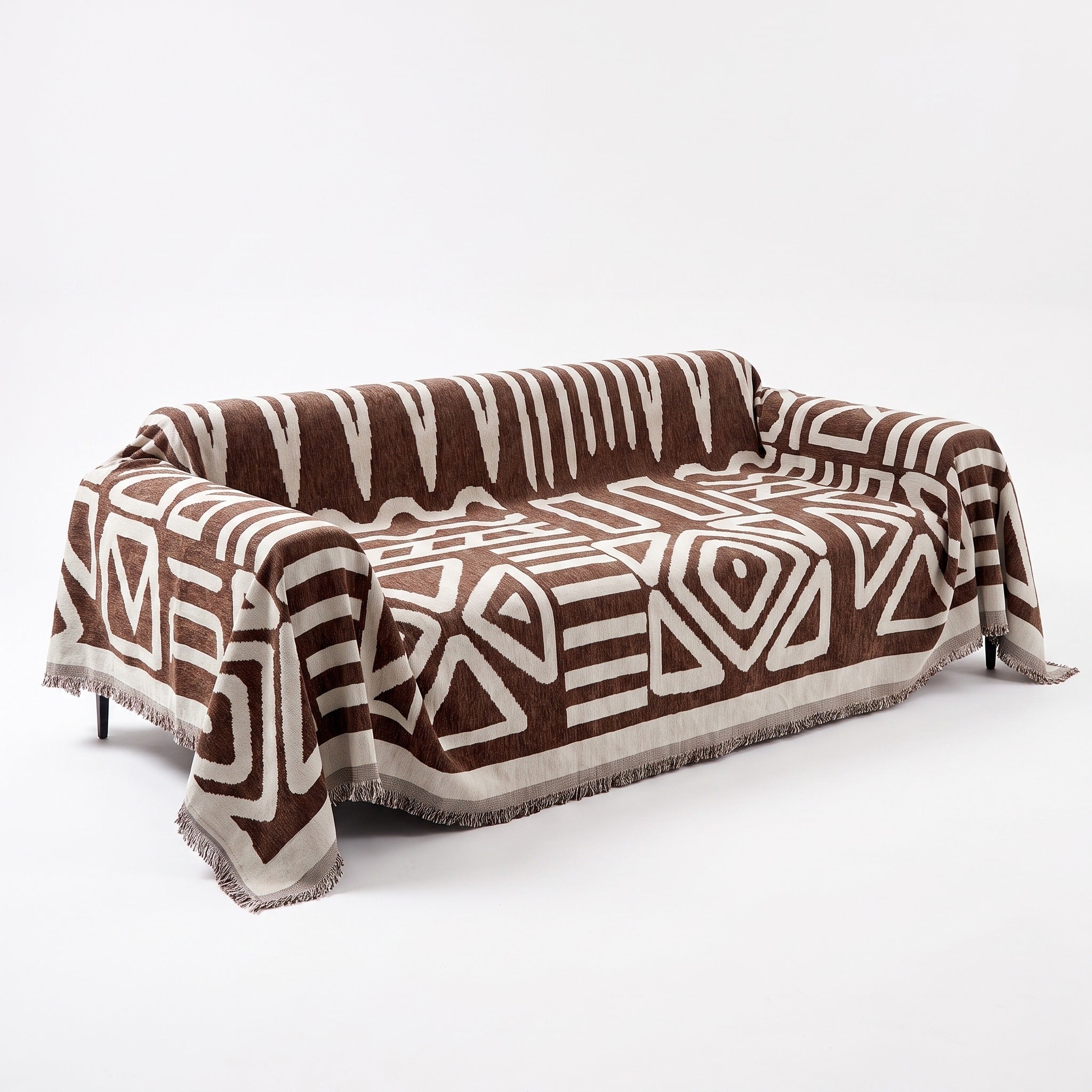 Boho Geometric Sofa Cover | Fringed Chenille Throw, 70-165in