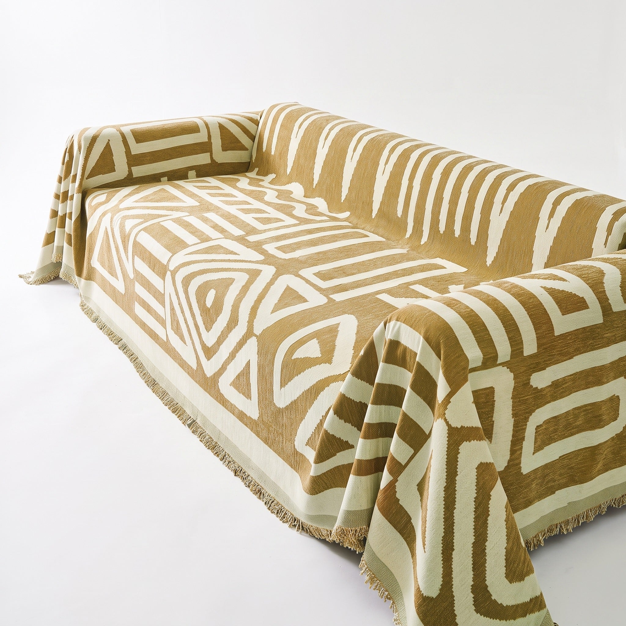 Boho Geometric Sofa Cover | Fringed Chenille Throw, 70-165in