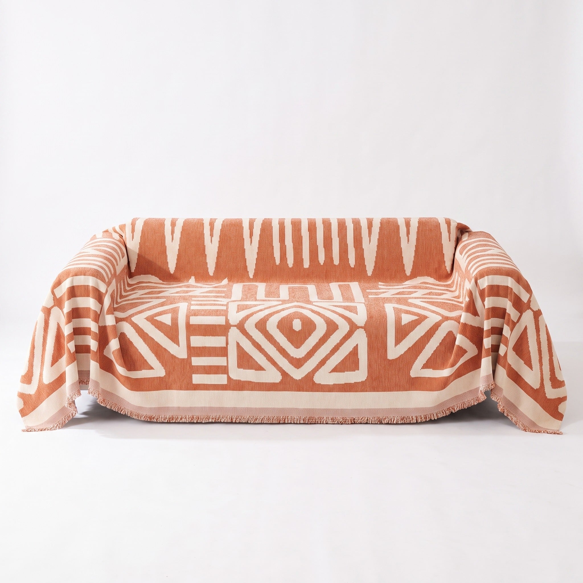 Boho Geometric Sofa Cover | Fringed Chenille Throw, 70-165in