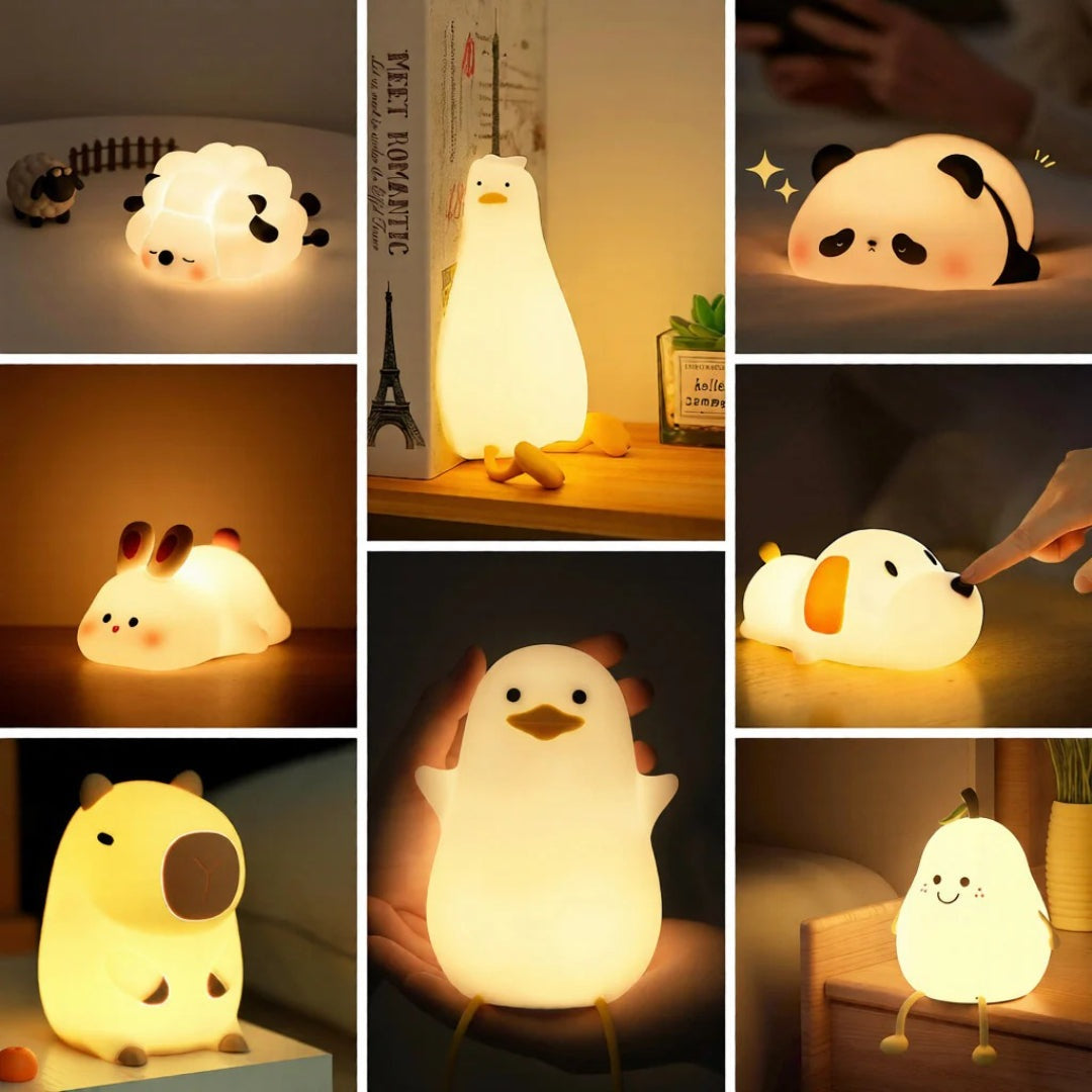 Eight silicone night light designs including panda, duck and capybara