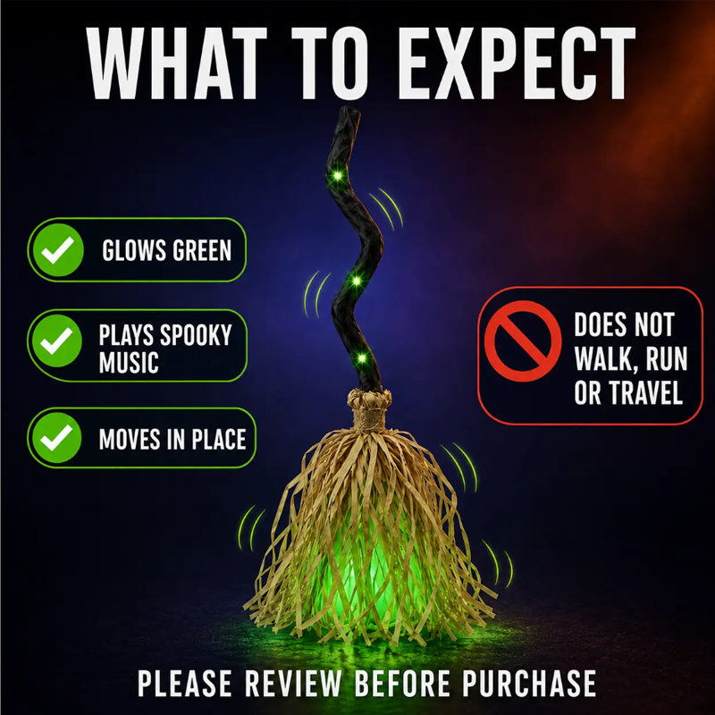 Witch broom Halloween prop glowing green in the dark