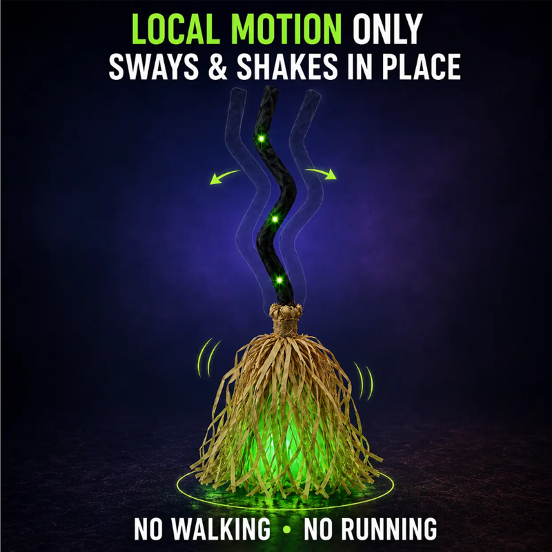 Animated Walking Witch Broom Halloween Prop with Green LED Light and Spooky Laugh, view 5