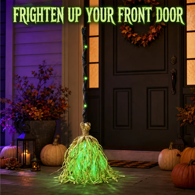 Animated Walking Witch Broom Halloween Prop with Green LED Light and Spooky Laugh, view 6